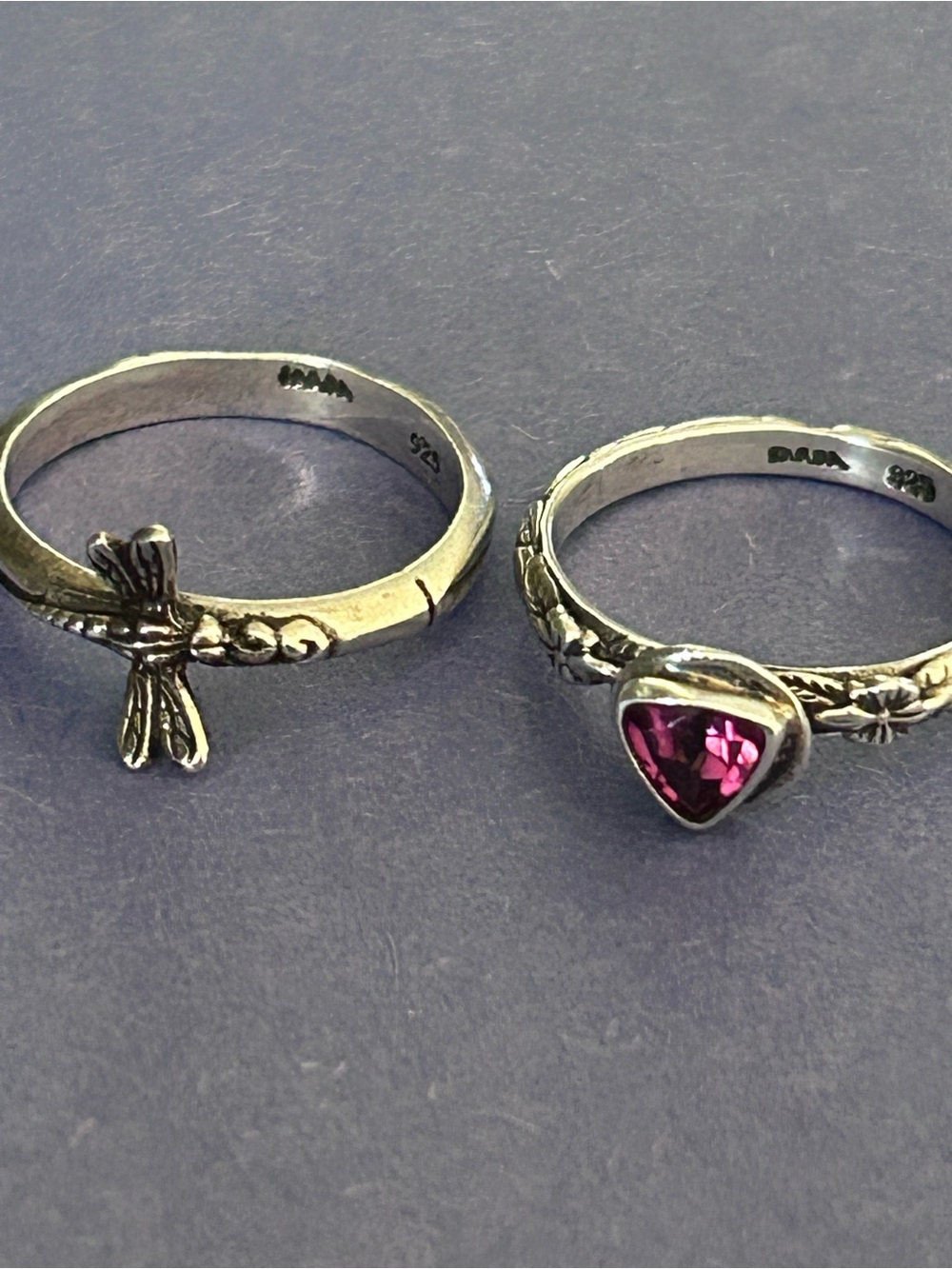 2 SARDA 925 Sterling Silver Dragonfly & Pink Tourmaline Stacker Ring Set Size 7